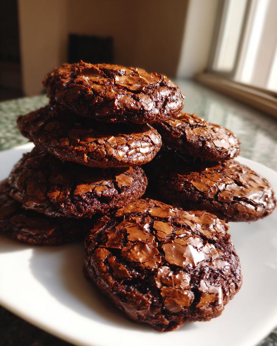 A tempting stack of deeply rich, fudgy chocolate brownie cookies with cracked tops.