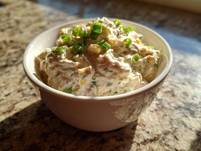 A creamy, chunky clam dip topped with fresh green chives served in a white bowl.