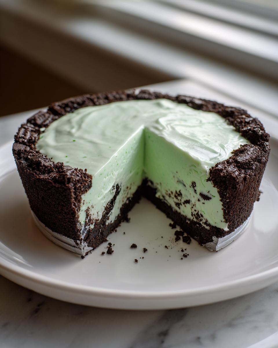 A creamy, mint-green grasshopper pie with a thick chocolate cookie crust, sitting on a white plate with one slice removed.