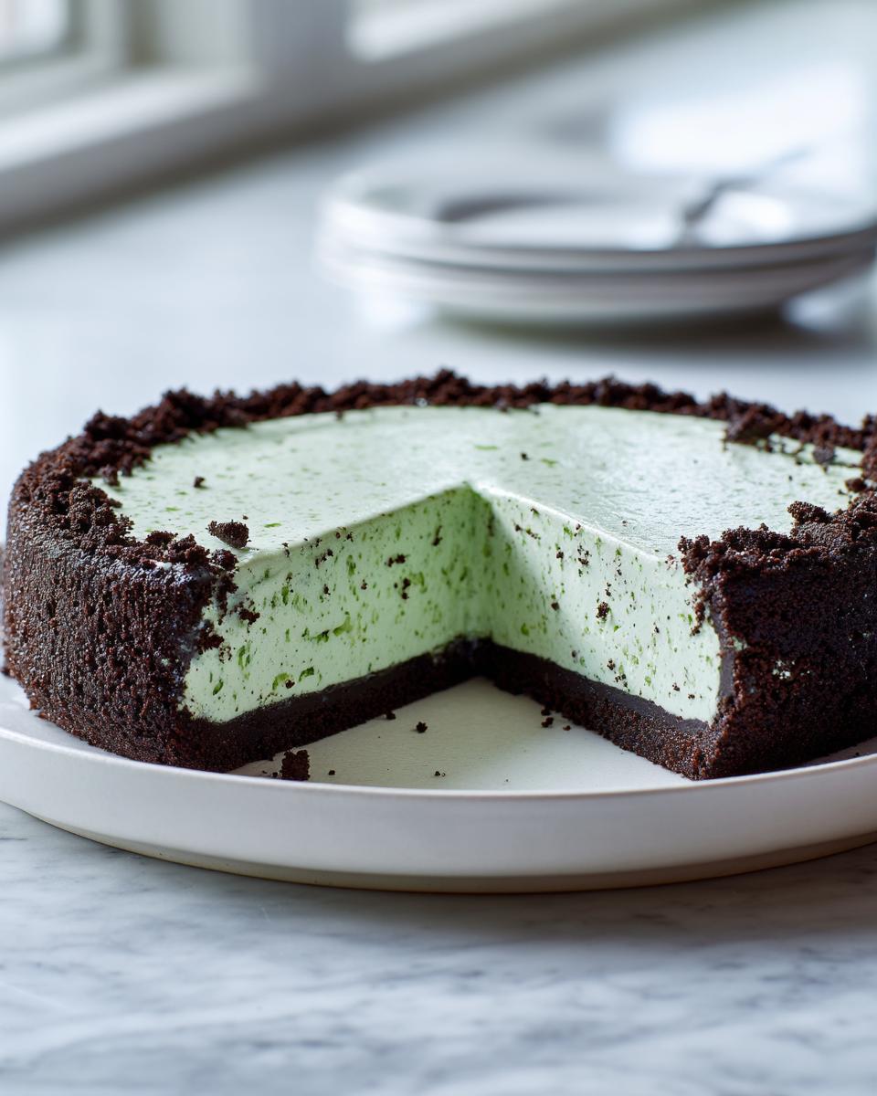 A whole grasshopper pie with a slice removed, showing the mint green filling and dark chocolate cookie crust.