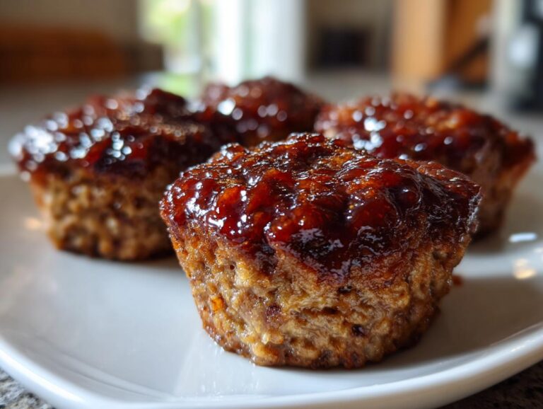 Close-up of three glazed mini meatloaf muffins served on a white plate, featuring a shiny, dark brown topping.