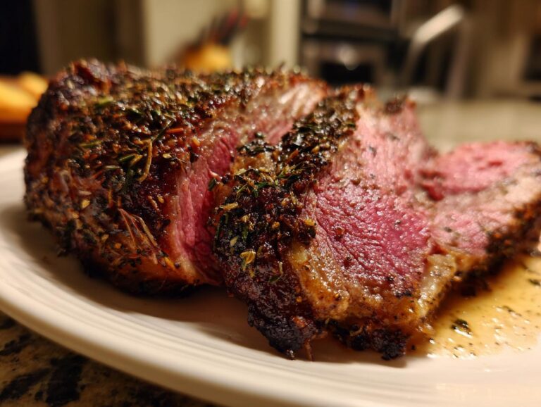 Close-up of a slice of perfectly cooked prime rib recipe with a dark herb crust and medium-rare pink center.