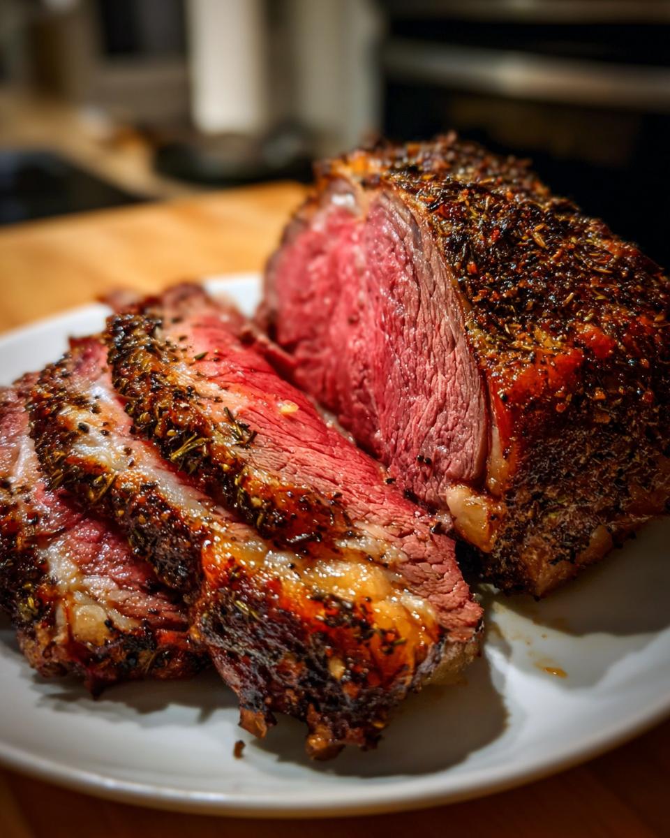 Close-up of a perfectly cooked prime rib recipe roast, showing a deep red, medium-rare center and a heavily seasoned, dark crust.