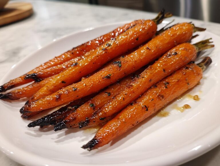 Close-up of several glazed and slightly charred roasted baby carrots served on a white plate.