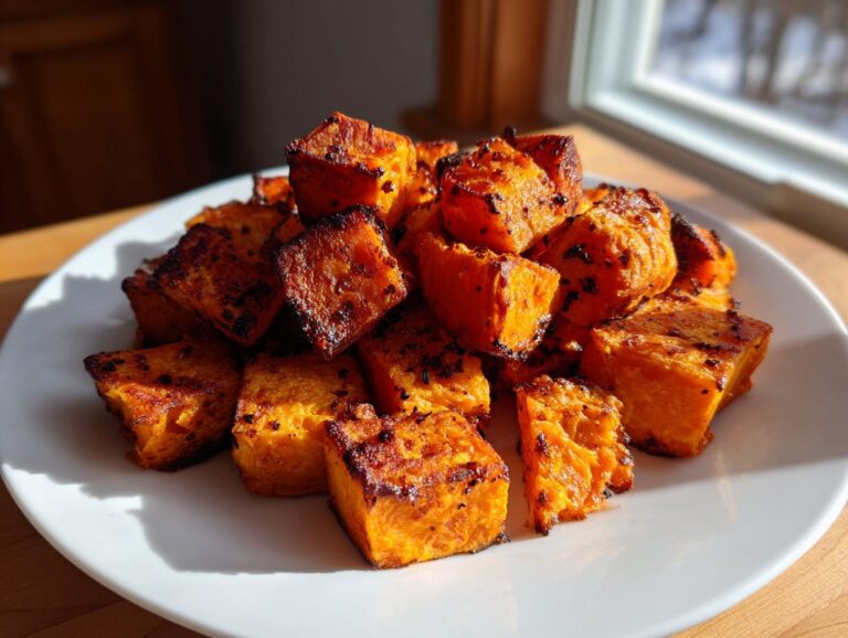 A pile of perfectly caramelized roasted sweet potatoes cubes served on a white plate.