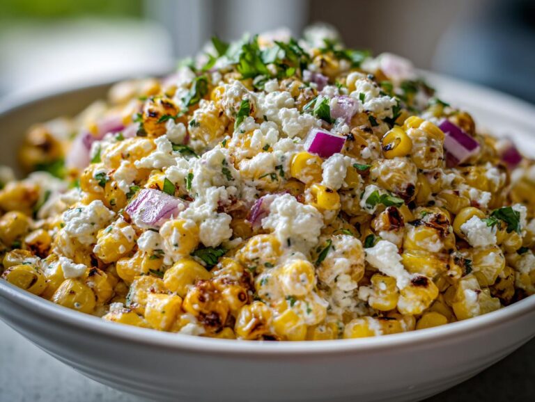 Close-up of a generous serving of amazing street corn salad featuring charred corn, crumbled white cheese, and diced red onion.