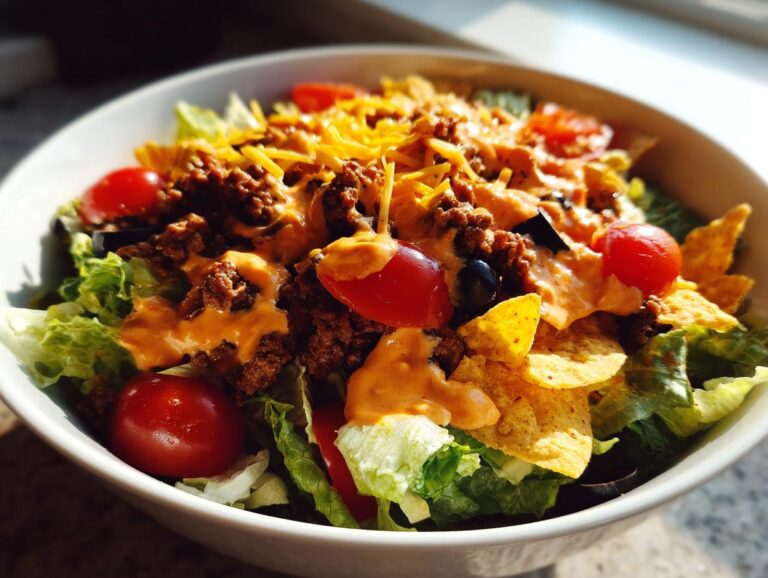 Close-up of a vibrant taco salad featuring seasoned ground beef, shredded cheese, cherry tomatoes, and creamy dressing over lettuce.