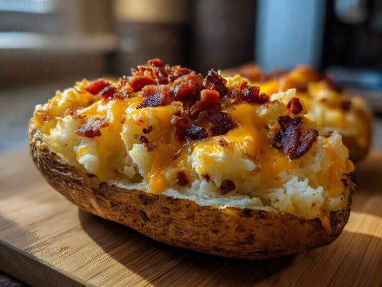 Close-up of a delicious twice baked potato stuffed with creamy filling, melted cheddar cheese, and crispy bacon bits.
