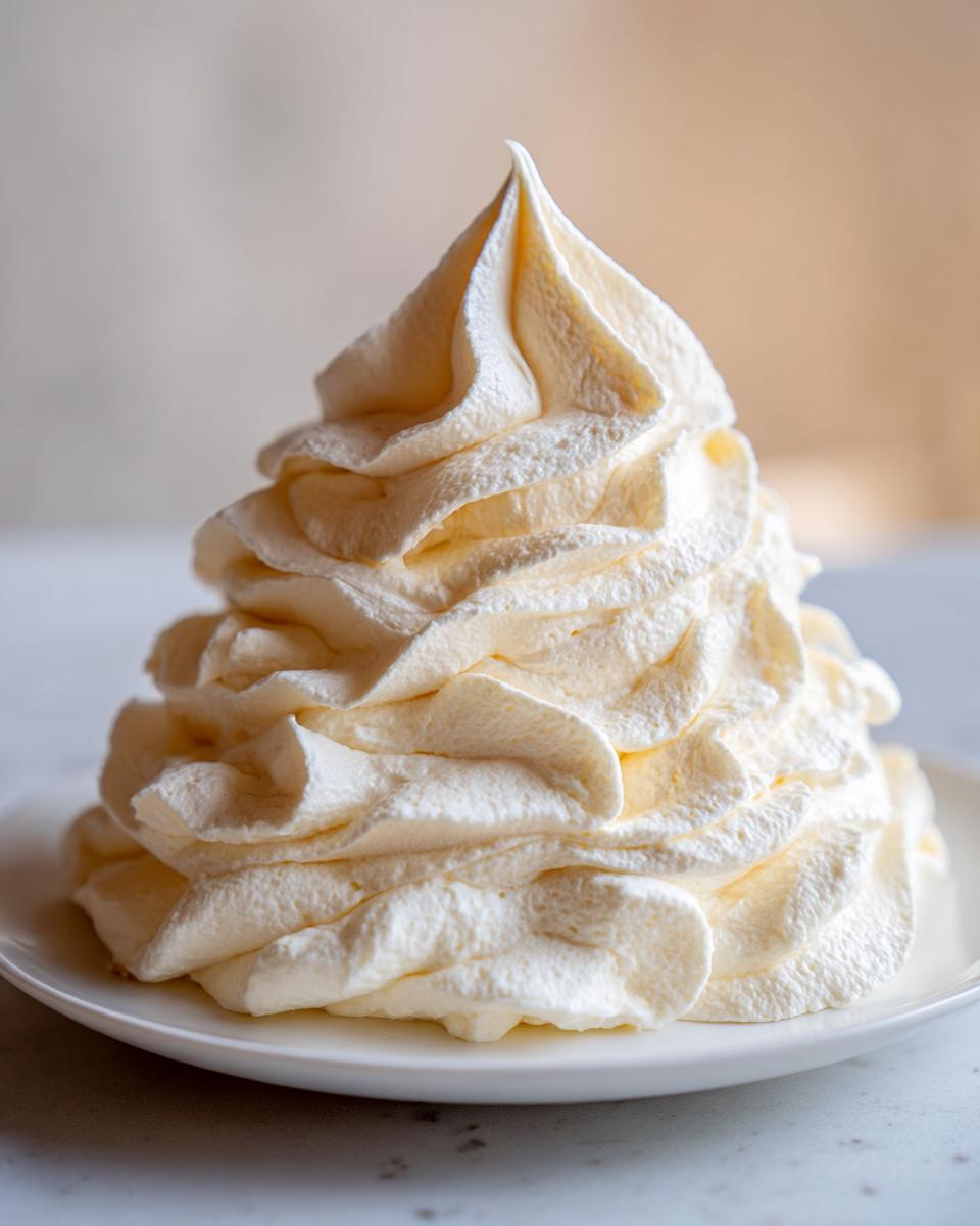 A tall, perfectly piped swirl of creamy, pale yellow vanilla buttercream frosting on a white plate.