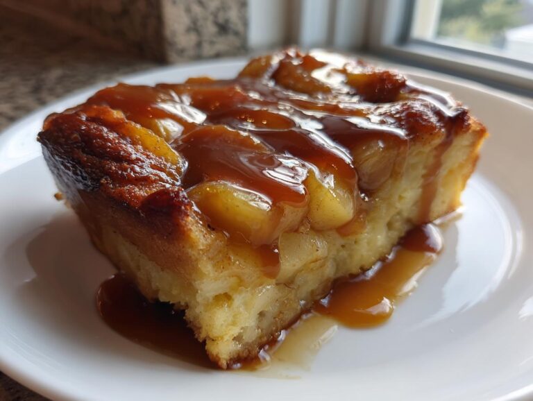 A rich, square slice of apple bread pudding topped with caramelized apples and drizzled heavily with caramel sauce.