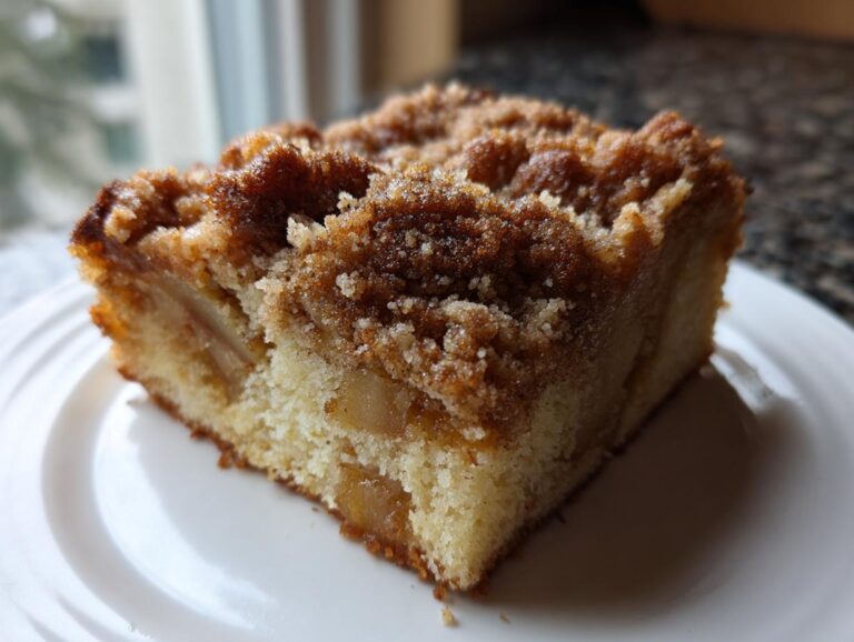 A close-up shot of a square slice of apple crumb cake featuring a moist base, visible apple chunks, and a thick, sugary cinnamon crumb topping.