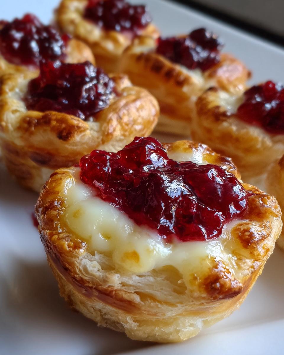 Close-up of freshly baked brie bites featuring flaky pastry, melted brie cheese, and a dollop of bright red jam.