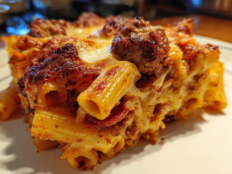 Close-up of a baked slice of pizza pasta casserole showing melted cheese, rigatoni, and a meatball topping.