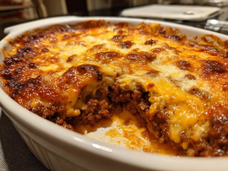 Close-up of baked texas trash dip with a bubbling, browned cheese topping in a white oval dish.