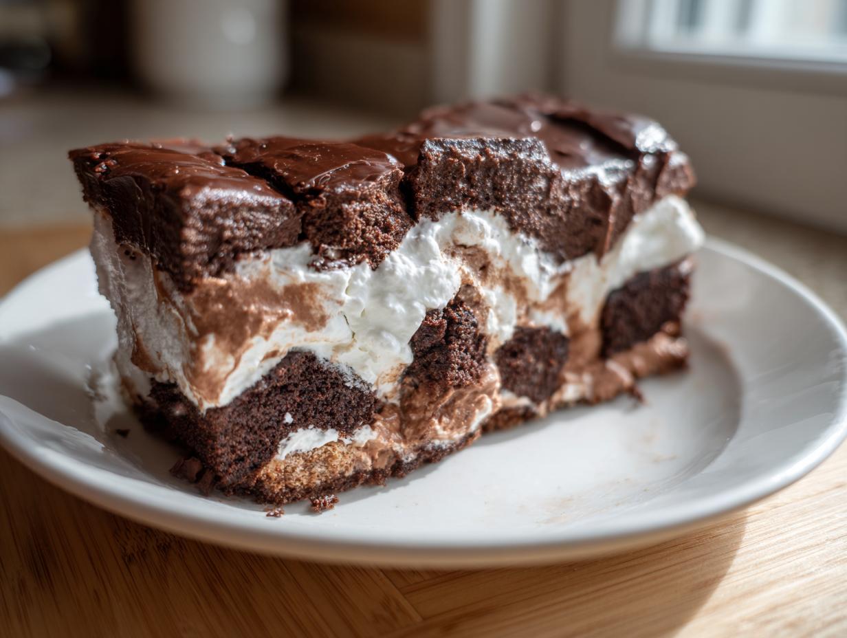 A decadent slice of brownie refrigerator cake showing layers of dark chocolate cake, white cream, and chocolate mousse.