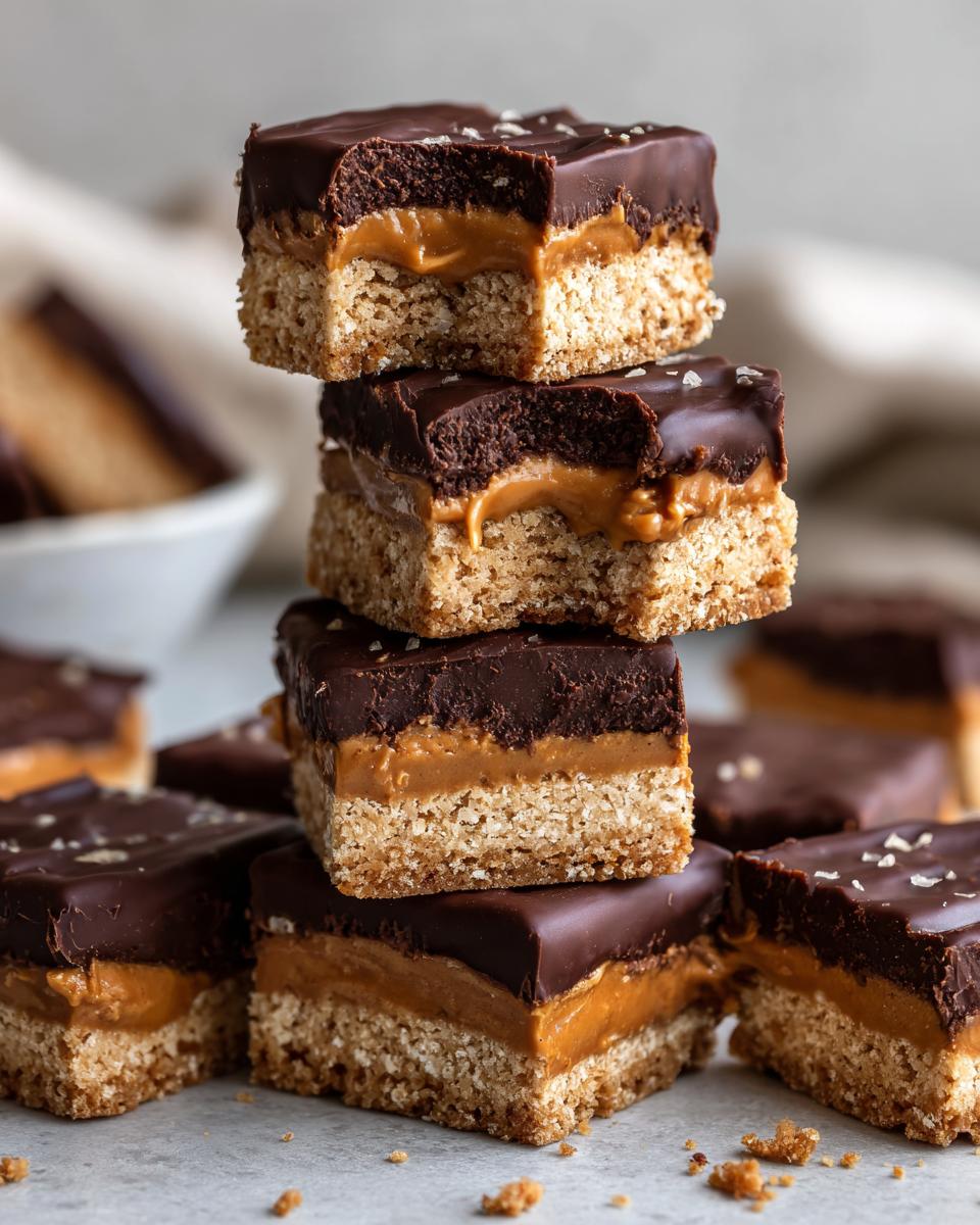 A stack of three layered Buckeye Graham Crackers showing the graham base, peanut butter filling, and chocolate topping.