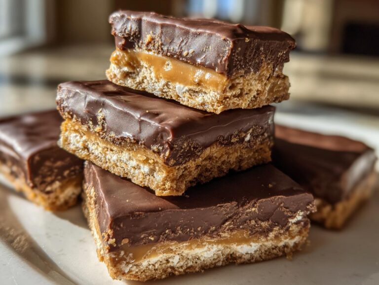 A stack of three rich Buckeye Graham Crackers bars showing layers of graham crust, caramel, and chocolate topping.