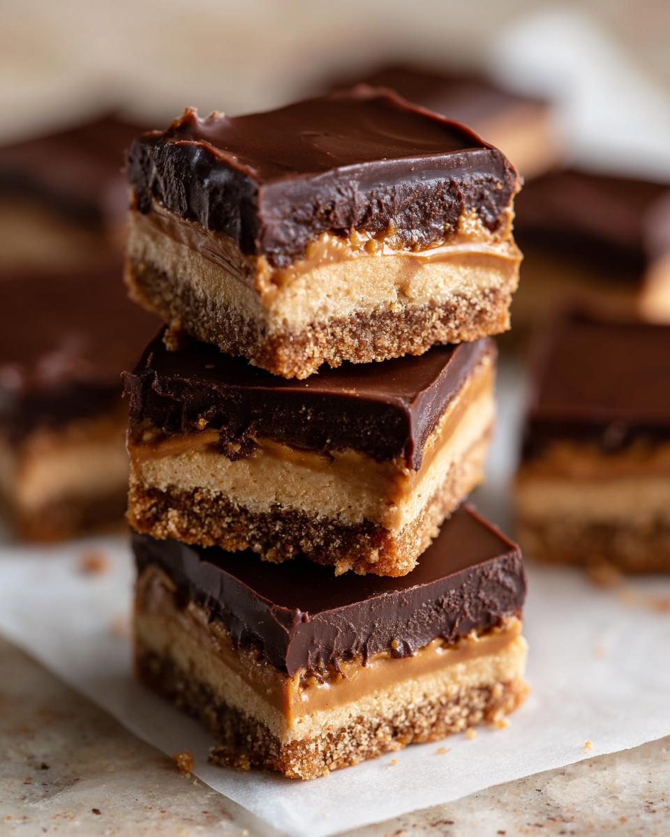Three stacked squares of Buckeye Graham Crackers bars featuring a crust, peanut butter layer, and thick chocolate topping.