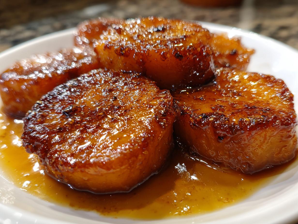 Close-up of thick-cut candied sweet potatoes coated in a thick, glossy brown sugar glaze, resting in sauce.