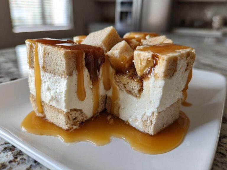 A decadent serving of caramel apple trifle showing layers of cake, cream, and heavy caramel sauce dripping down the sides.