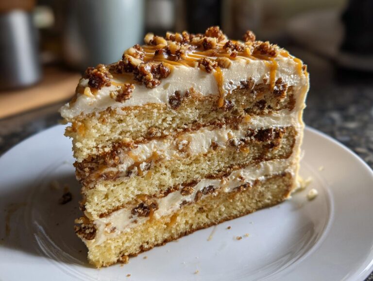 Close-up of a decadent slice of caramel crunch cake with multiple layers of sponge, cream, and crunchy topping.