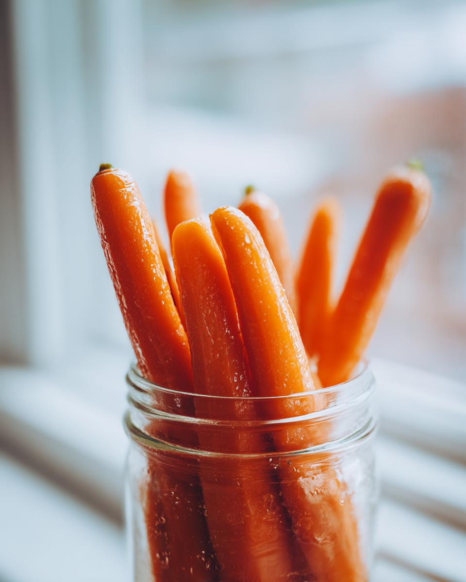 Close-up of bright orange, peeled carrots standing upright in a clear glass jar, ready to become pickled carrots.