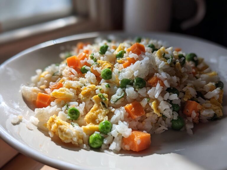 A close-up shot of a serving of cauliflower fried rice mixed with scrambled egg, bright green peas, and diced orange carrots.