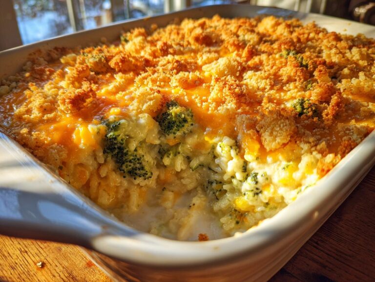 Close-up of a baked cheesy broccoli rice casserole in a white dish with a golden brown crumb topping.