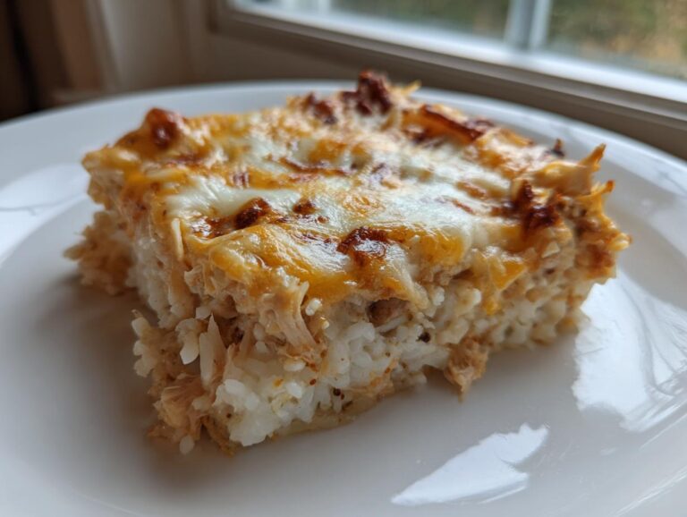 A square serving of cheesy Burrito Bake, featuring a layer of rice and shredded chicken topped with melted, browned cheese.