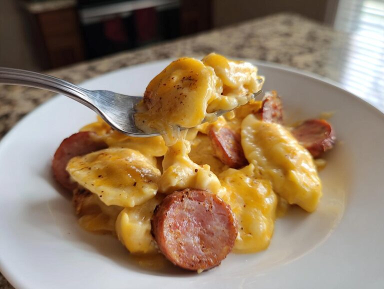 A fork lifting a cheesy pierogi from a plate of pierogi casserole mixed with sliced sausage.