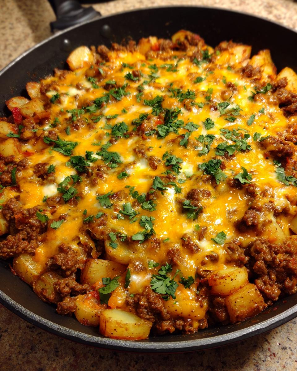 Close-up of Cheesy Taco Potatoes in a black skillet, topped with melted cheddar cheese and fresh cilantro.