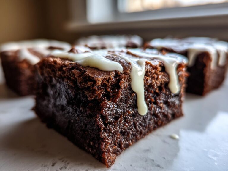 Close-up of a chewy gingerbread brownies square topped with dripping white vanilla glaze.