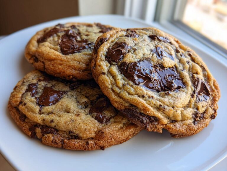 Three perfectly chewy sourdough chocolate chip cookies piled on a white plate with melted chocolate pools.