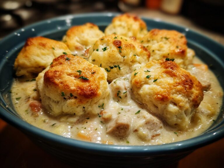 Close-up of creamy chicken and dumplings with biscuits, garnished with fresh parsley.