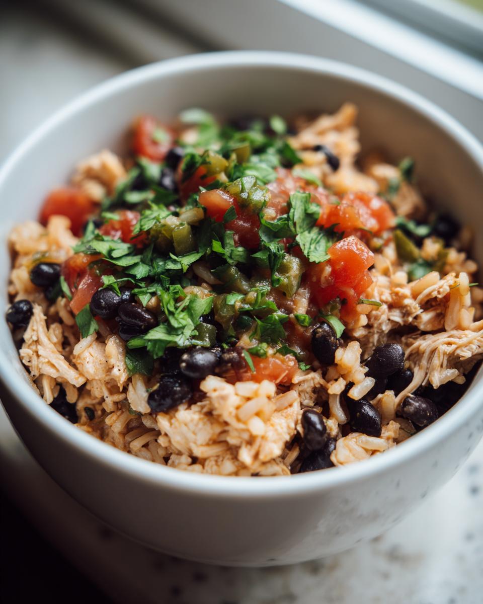 Close-up of a white bowl filled with seasoned rice, shredded chicken, black beans, and topped with salsa and fresh cilantro for a chicken burrito bowl.