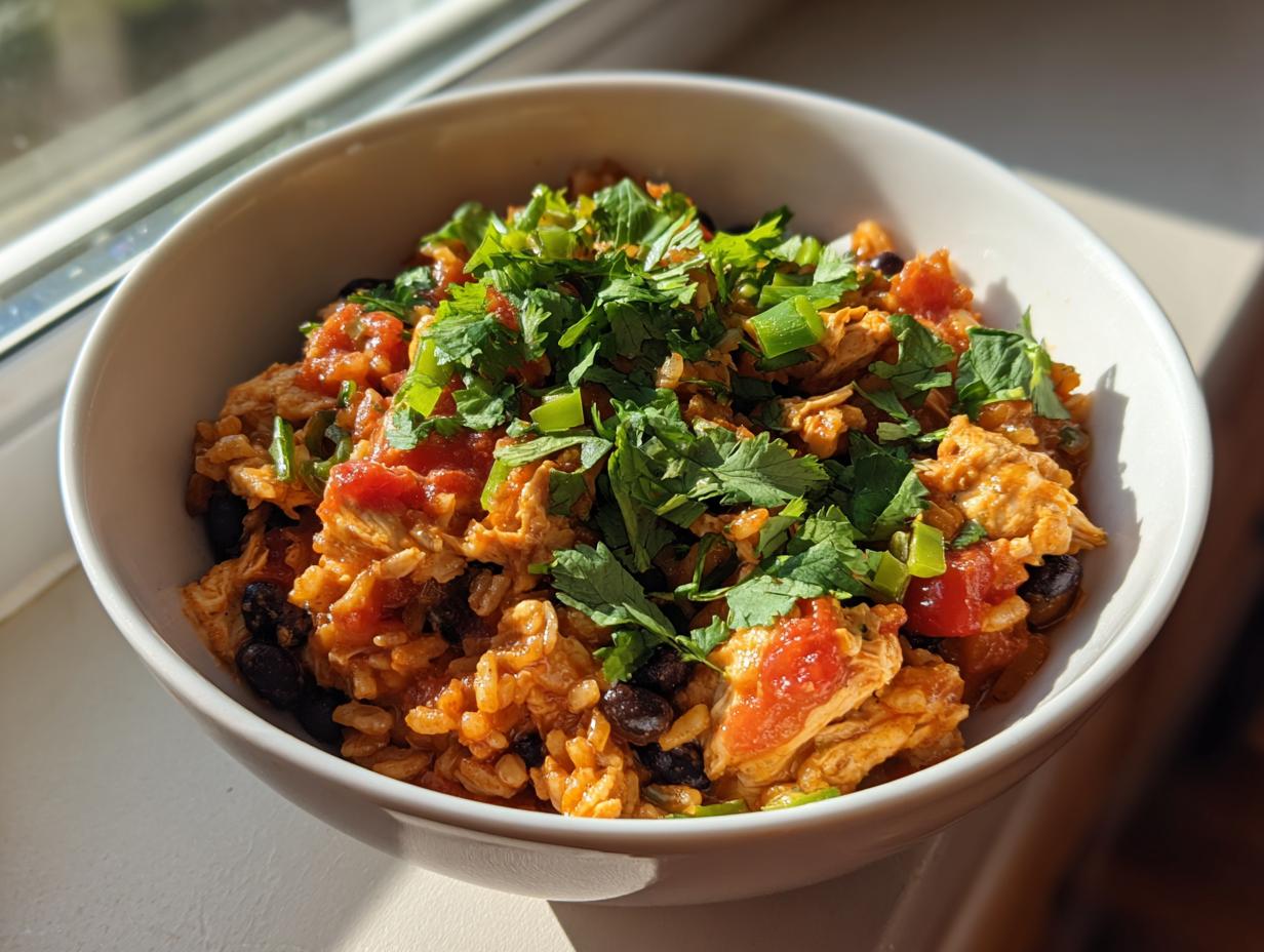 A white bowl filled with a vibrant chicken burrito bowl featuring seasoned rice, shredded chicken, black beans, tomatoes, and topped with fresh cilantro.