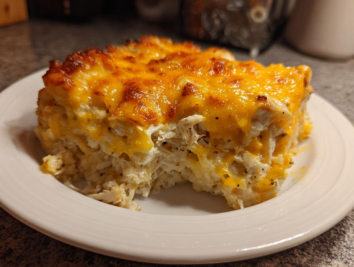 A close-up of a generous serving of chicken cauliflower rice casserole topped with melted, browned cheddar cheese.