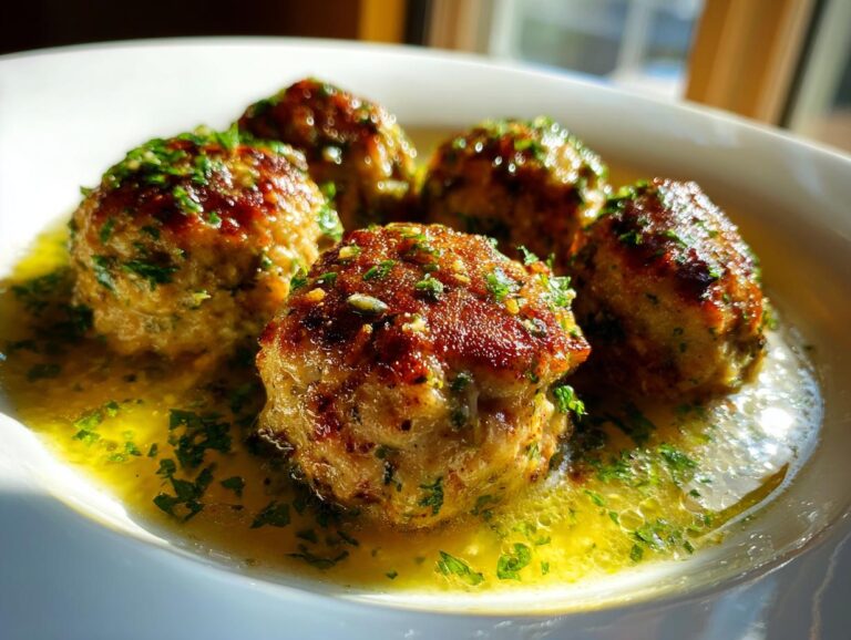 Close-up of five perfectly browned chicken piccata meatballs resting in a bright, buttery lemon sauce, garnished with fresh parsley.