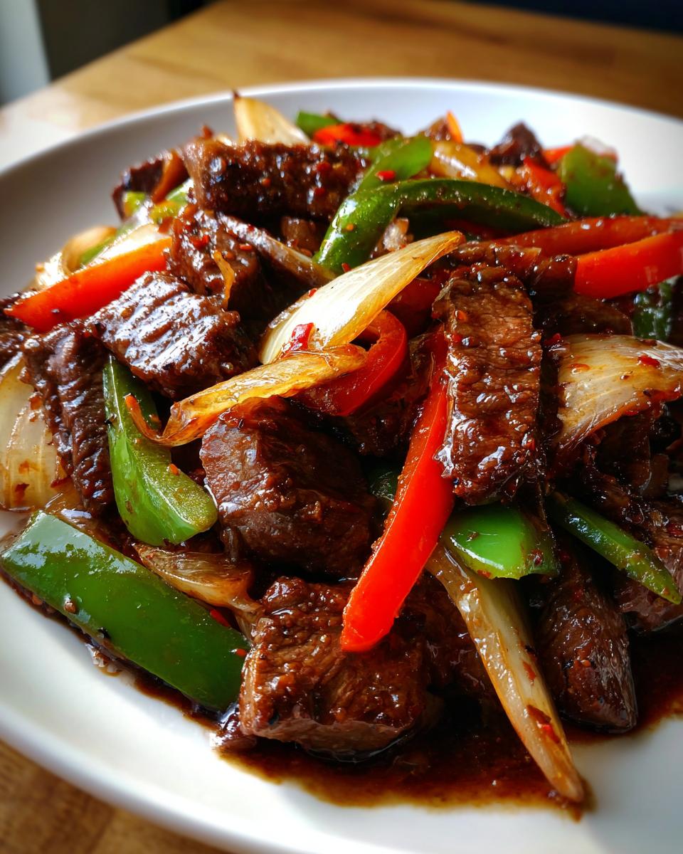 Close-up of tender beef cubes mixed with vibrant green peppers, red peppers, and onions in a rich sauce for Chinese pepper steak.