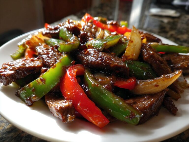 A close-up, appetizing shot of glossy Chinese pepper steak mixed with vibrant green and red bell peppers and onions.