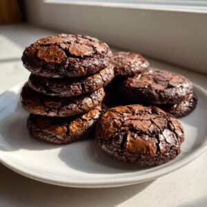 A stack and pile of rich, fudgy chocolate brownie cookies with cracked tops on a white plate.