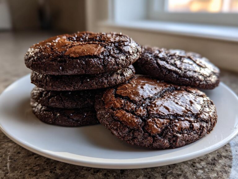 A stack of rich, dark chocolate brownie cookies with shiny, cracked tops served on a white plate.