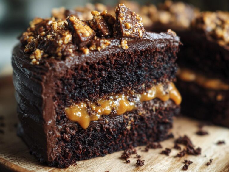 Close-up of a rich slice of chocolate caramel toffee crunch cake showing dark layers and oozing caramel filling.