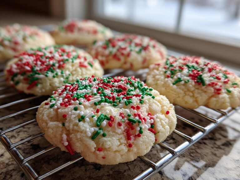 Close-up of soft Christmas sprinkle cookies topped with red, green, and white sprinkles cooling on a wire rack.