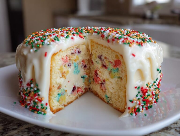 A slice cut from a small, round christmas tree cheesecake showing colorful cake layers and thick white frosting covered in holiday sprinkles.
