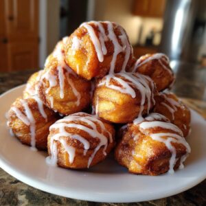 A tempting stack of golden brown cinnamon roll bites drizzled generously with white icing.