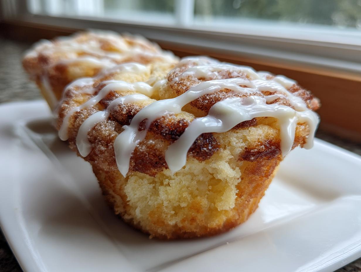A close-up of a freshly baked cinnamon roll muffin topped with cinnamon sugar and drizzled with white icing.