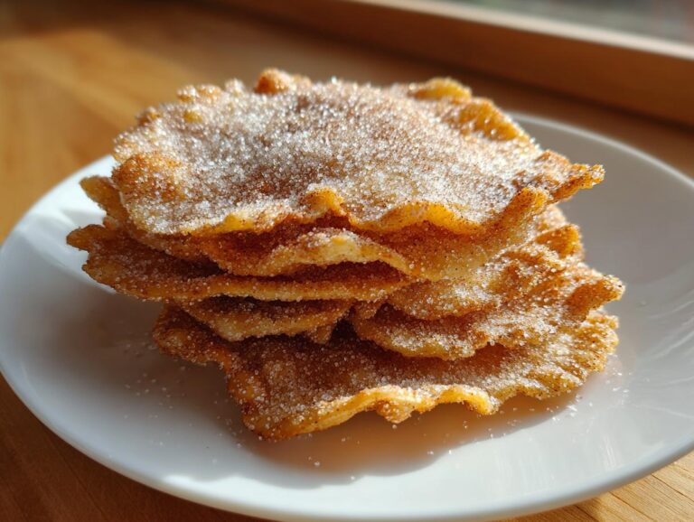 A stack of crispy, golden-brown buñuelos generously coated in cinnamon sugar, resting on a white plate.