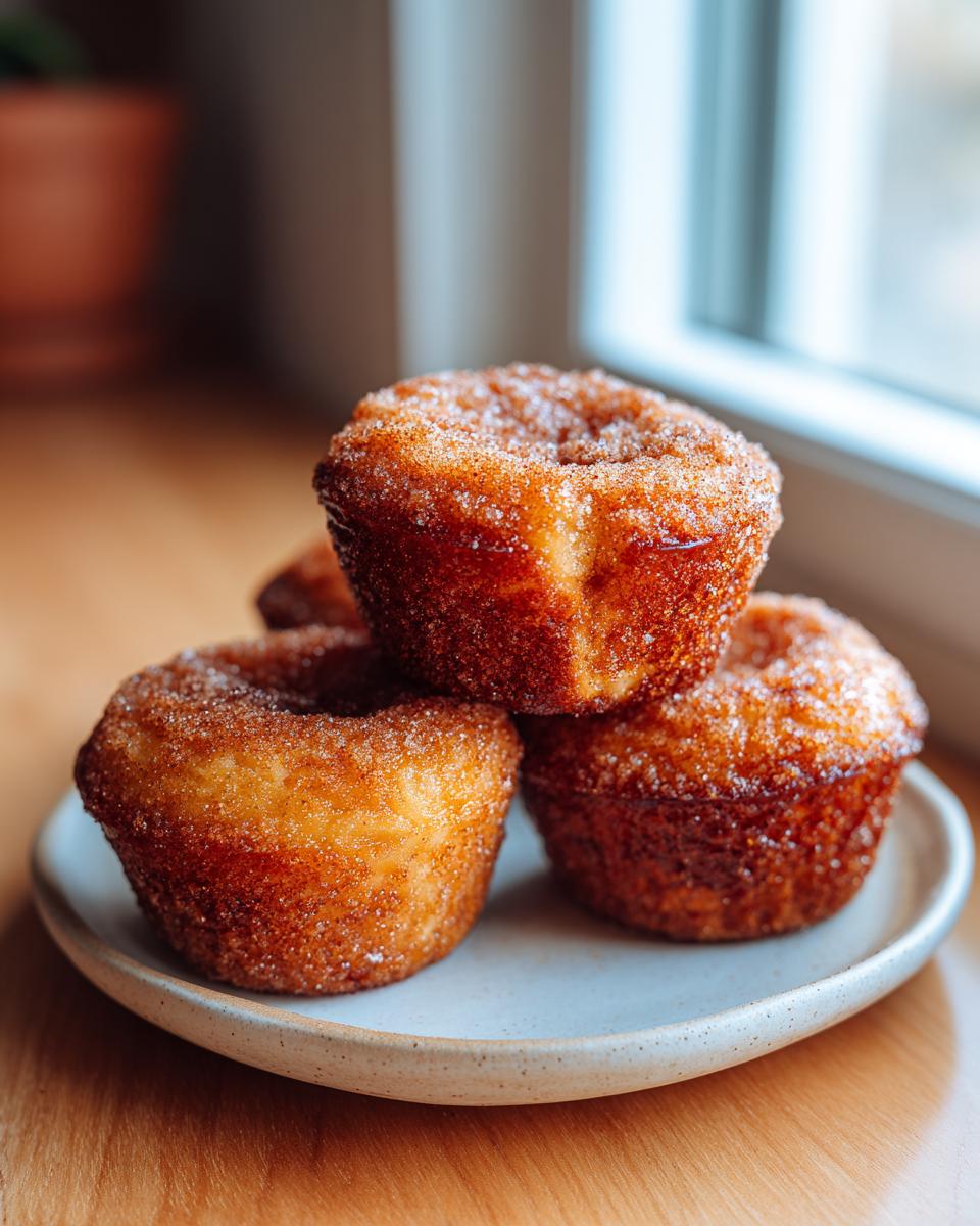 A stack of three golden brown french toast muffins coated in cinnamon sugar resting on a small plate.