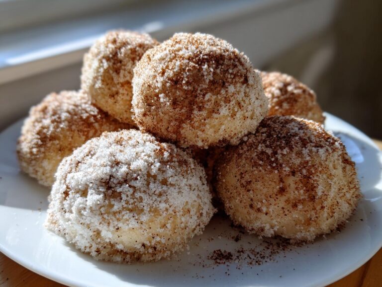A close-up of several freshly made cinnamon sugar snowball cookies piled on a white plate.